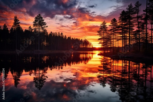 A natural lake landscape with tree, forest sunset reflection
