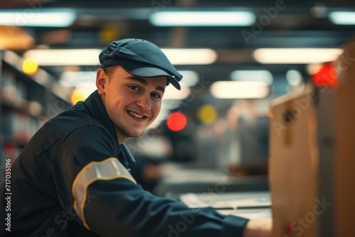 Smiling young male postman in post office © Baba Images