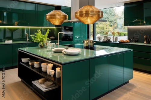 Modern luxury kitchen interior design with green marble countertop, sink and island photo