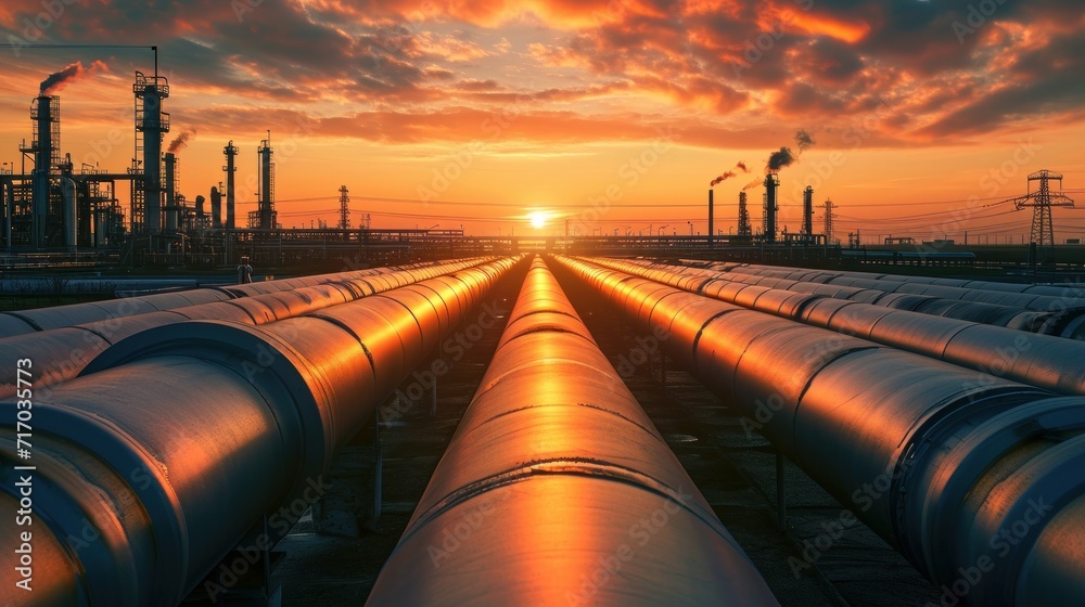 Pipeline and pipe rack of petroleum industrial plant with sunset sky background - obrazy, fototapety, plakaty 