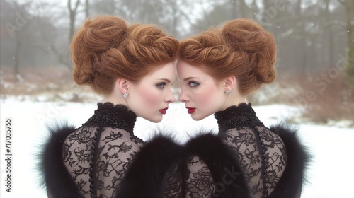 Elegant woman with intricate hairstyle and luxurious fur in wintertime photo