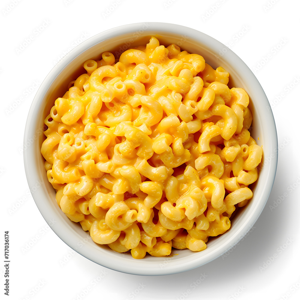 American macaroni cheese with cheddar cheese top view isolated on white background American macaroni cheese with cheddar cheese top view isolated on white background