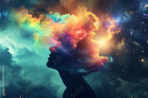 A scene where a person's thoughts are visualized as a colorful aurora above their head, representing creativity and imagination © Nino Lavrenkova