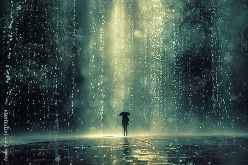 A scene where rain is falling in reverse, with water droplets rising, capturing a person's reaction to this surreal phenomenon