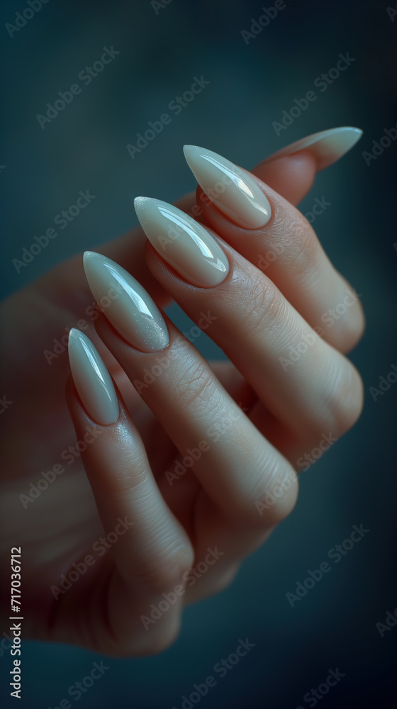 Close-up on Long almond shaped nails with varnished in clear polish and glitter