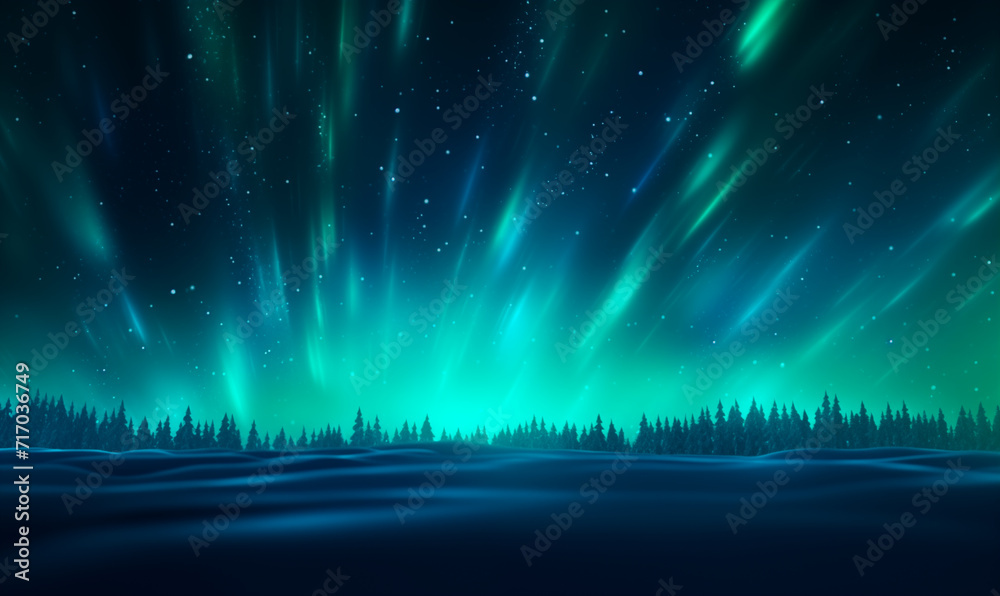 Abstract lines of aurora borealis in the night sky over winter landscape