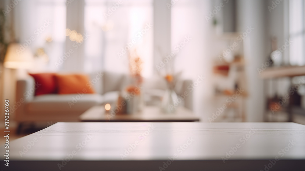 Empty table in defocused living room for product placement Empty table in defocused living room for product placement