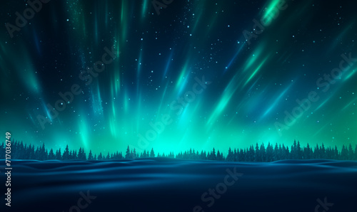 Abstract lines of aurora borealis in the night sky over winter landscape