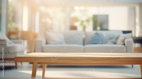 Empty wooden table with defocused living room background