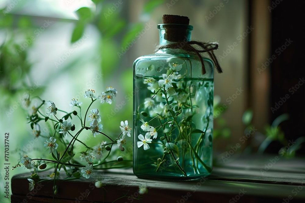 White blossoms inside a glass bottle on a wooden table, rustic style. Concepts: beauty industry, perfumery, cosmetology, spa, alternative medicine, interior design White blossoms inside a glass bottle on a wooden table, rustic style. Concepts: beauty industry, perfumery, cosmetology, spa, alternative medicine, interior design