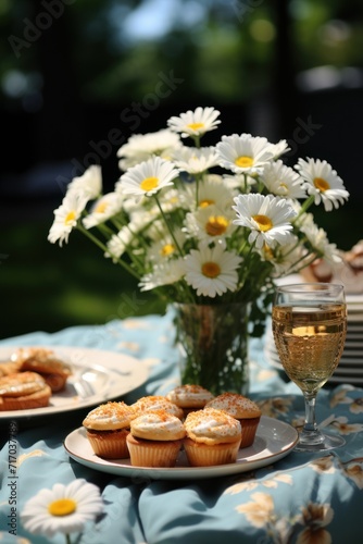 Summer picnic setting with daisies  cupcakes  and a glass of wine
