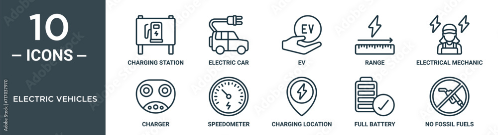electric vehicles outline icon set includes thin line charging station ...