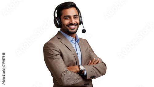 Portrait of a happy indian call center man arms crossed isolated on a transparent background for consulting. Smile, customer support or service career with a young employee on PNG for telemarketing