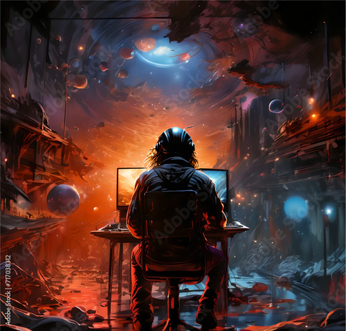 Depict a skilled cyberpunk hacker in a futuristic setting, surrounded by holographic interfaces, intricate code, and virtual reality elements fireman at work. photo