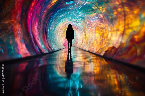 A silhouette of a person standing at the end of a tunnel of colorful, twisted mirrors, creating a sense of depth and distortion