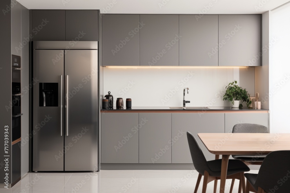 Interior modern kitchen with gray and white walls, tiled floor, white cupboards and wooden table with chairs.