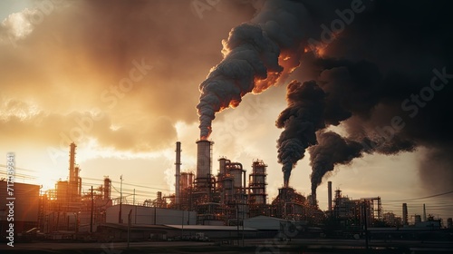 Oil refinery emits smoke, symbolizing the global warming crisis.