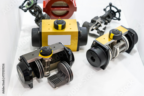 Cut away cross section show detail inside of double acting pneumatic rotary actuator for control turn close and open valve in industrial photo