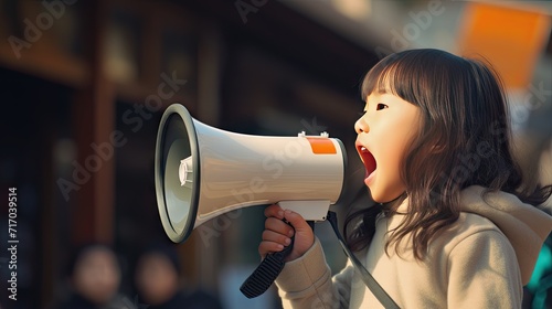 An Asian child passionately shouts through a megaphone, symbolizing youthful activism
