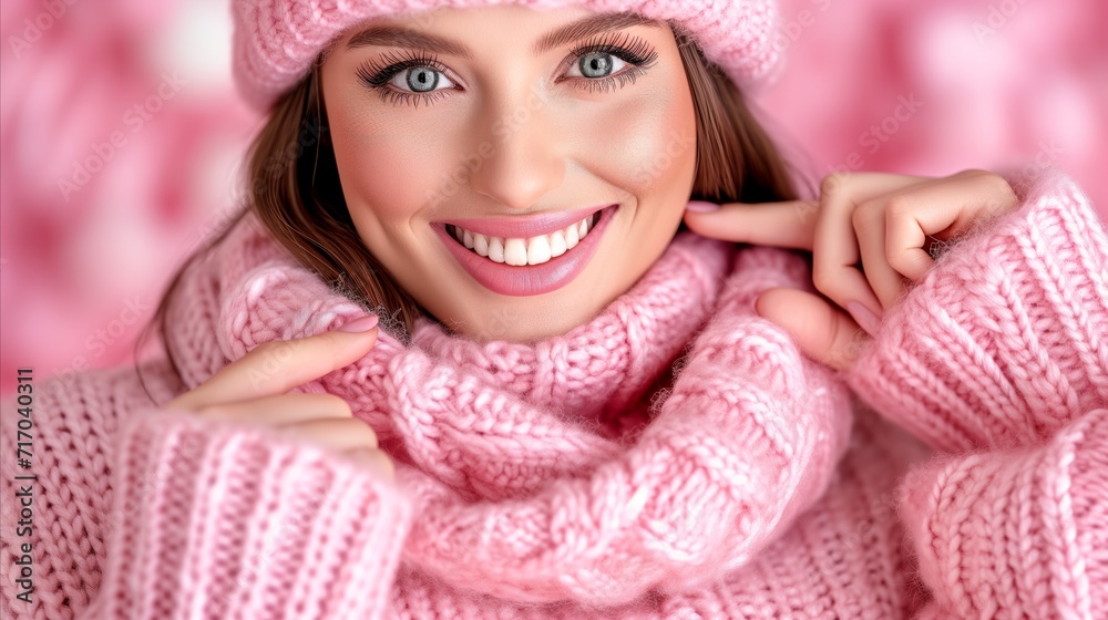 Smiling woman in pink knitwear feeling cozy and happy Smiling woman in pink knitwear feeling cozy and happy