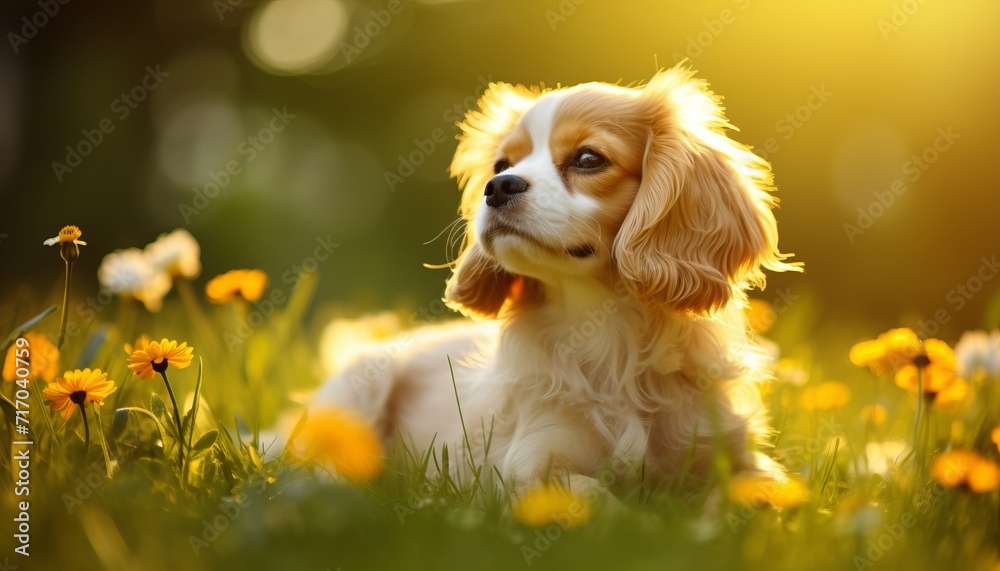 cute spaniel puppy in the green grass, among the first spring flowers in the sunlight cute spaniel puppy in the green grass, among the first spring flowers in the sunlight