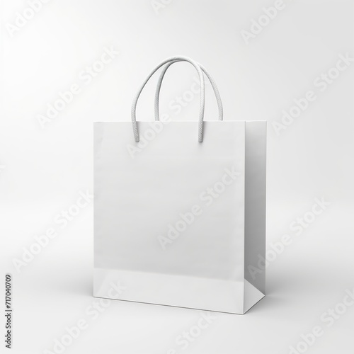 White paper bag with handle for shopping, front view isolated on a white background