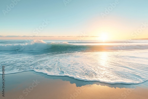 A soft-focus image of a tranquil beach at sunrise, symbolizing peace and mental clarity
