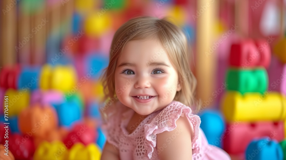 Adorable toddler with a bright smile playing in a colorful toy room Adorable toddler with a bright smile playing in a colorful toy room