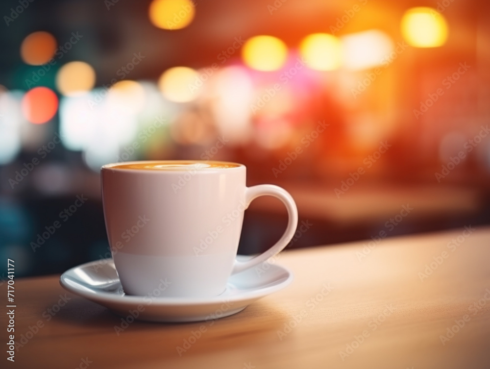 Inviting Coffee Cup with Blurred Café Lights in Background.