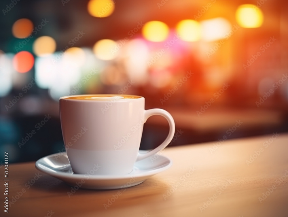 Inviting Coffee Cup with Blurred Café Lights in Background. Inviting Coffee Cup with Blurred Café Lights in Background.
