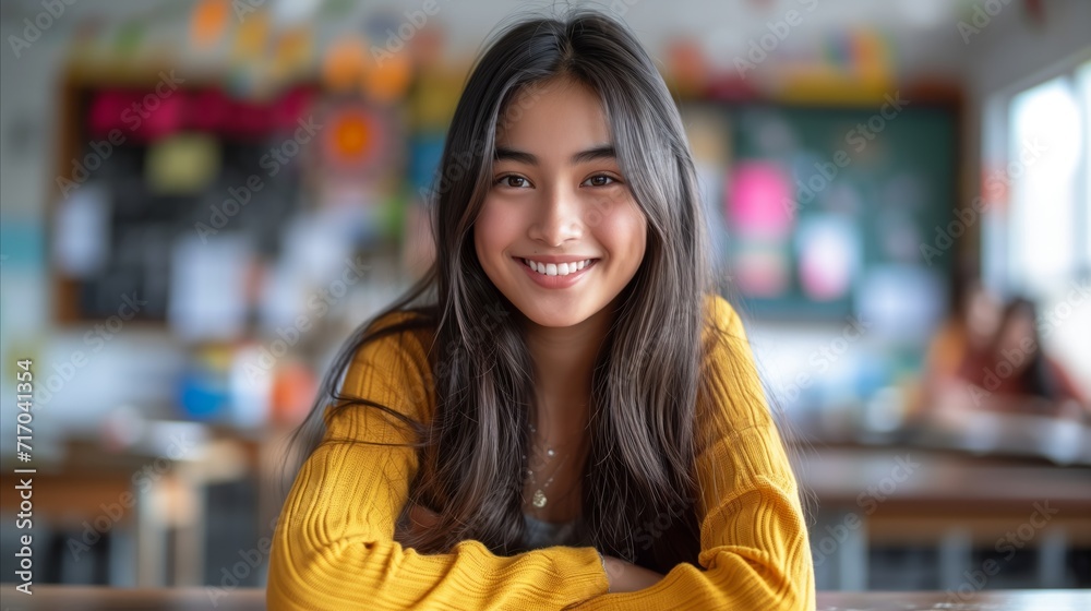 Smiling young woman in yellow sweater indoors with blurred background Smiling young woman in yellow sweater indoors with blurred background
