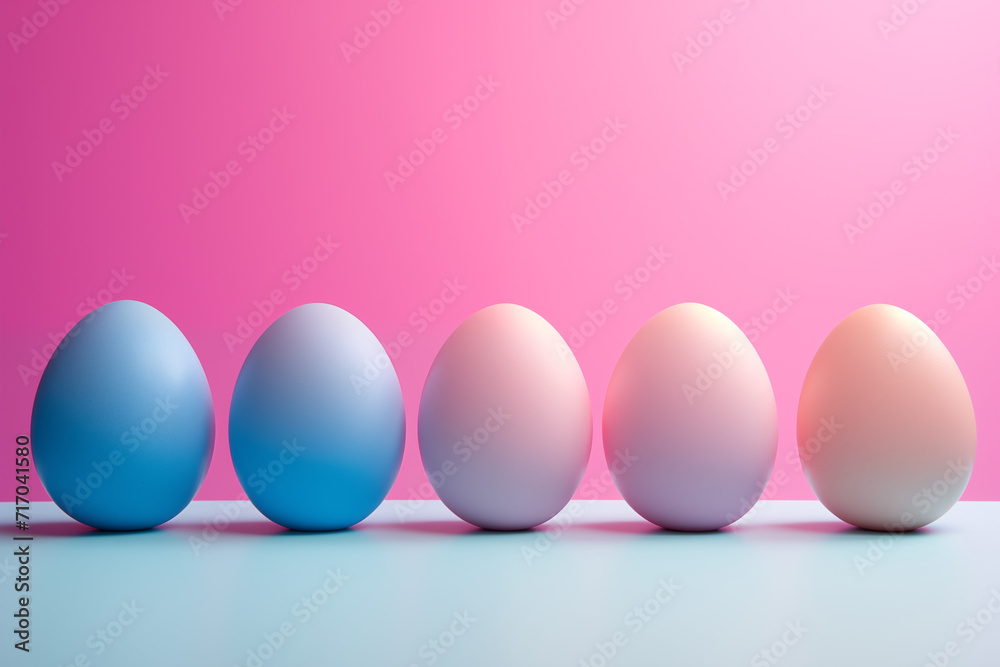 Gradient colored eggs aligned on a vibrant pink backdrop. Ideal for Easter decoration or design inspiration. Concept: Easter, decoration, design inspiration. Gradient colored eggs aligned on a vibrant pink backdrop. Ideal for Easter decoration or design inspiration. Concept: Easter, decoration, design inspiration.