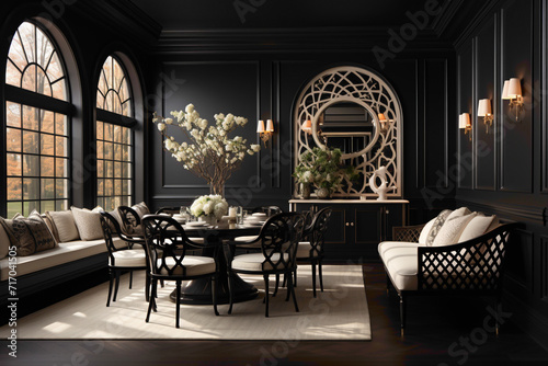 Visualize a stylish dining room with an ebony and ivory contrast, illustrating the timeless elegance of monochromatic design.