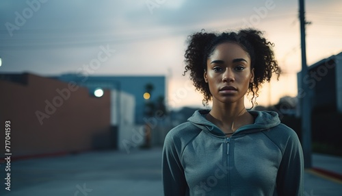 A full-length image of a determined black sporty girl woman, looking off-screen, alone outside a suburban concrete building at dusk. Cinematic, sport, AI. photo