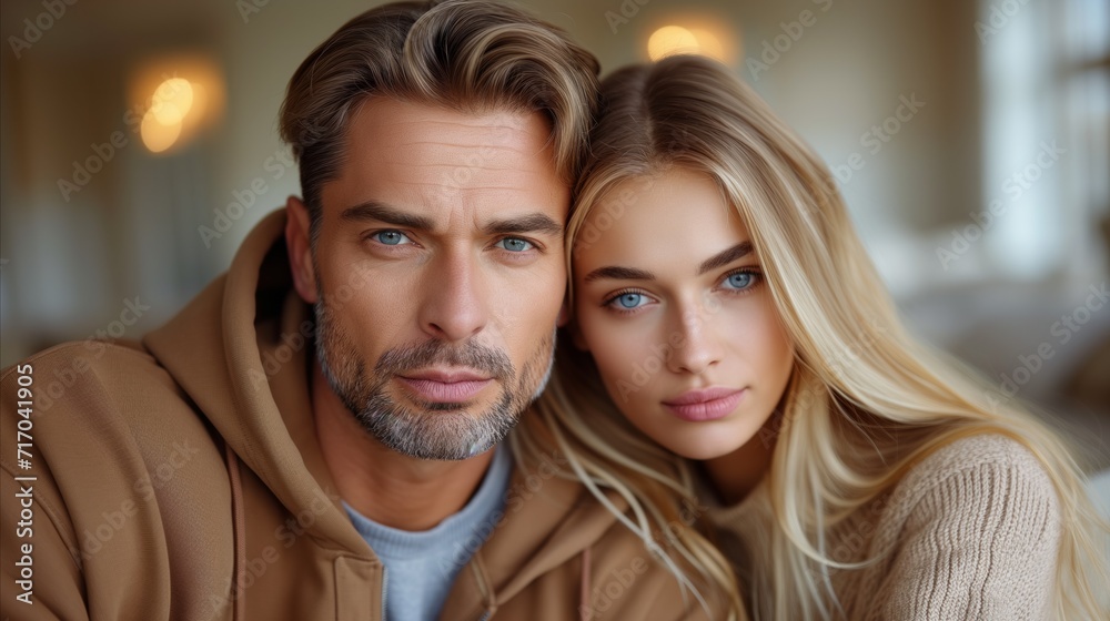 Attractive couple in stylish casual wear posing for a portrait indoors