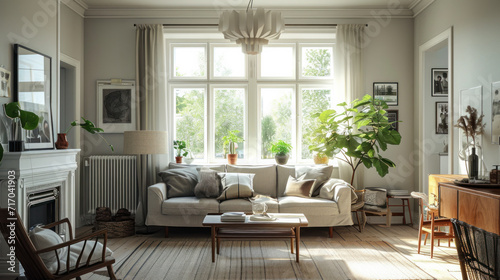 Modern interior design of a living room in Scandinavian style. An open space with a light sofa  a coffee table and small decorative elements. Design concept  interior.