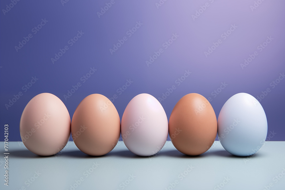 Gradient colored eggs aligned on a vibrant blue backdrop. Ideal for Easter decoration or design inspiration. Concept: Easter, decoration, design inspiration. Gradient colored eggs aligned on a vibrant blue backdrop. Ideal for Easter decoration or design inspiration. Concept: Easter, decoration, design inspiration.