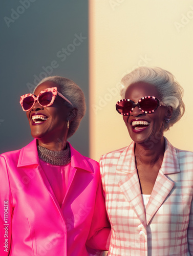 Candid moments captured of a two laughing senior women dressed in pink and violet, wearing fantastic sunglasses in the style of 1980s. Concept of active age