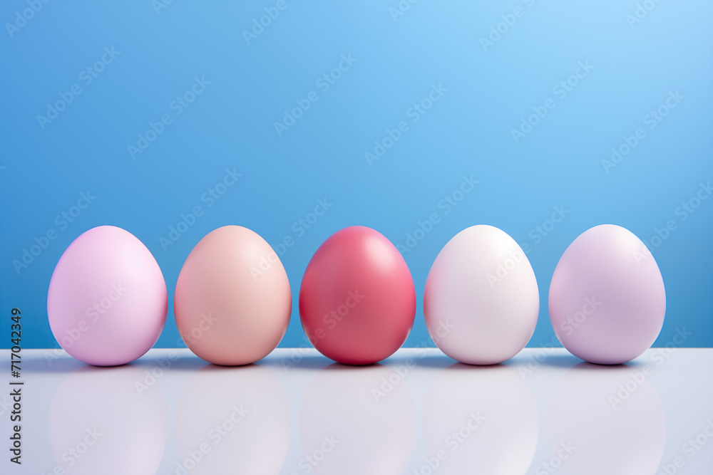 Gradient colored eggs aligned on a vibrant blue backdrop. Ideal for Easter decoration or design inspiration. Concept: Easter, decoration, design inspiration.
