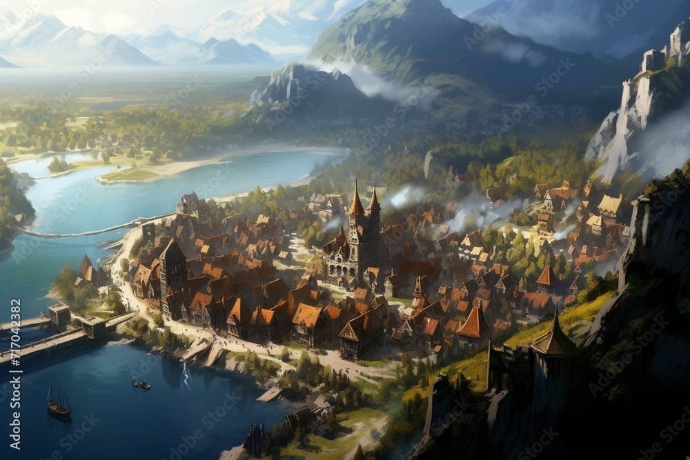 A view of a medieval town from above, showcasing a lake and a feudal antique city. It is a concept art wallpaper illustrating a historic medieval period. Generative AI