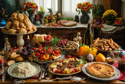 A traditional St. Joseph s Day table set with Italian cuisine  religious symbols  and family gathering