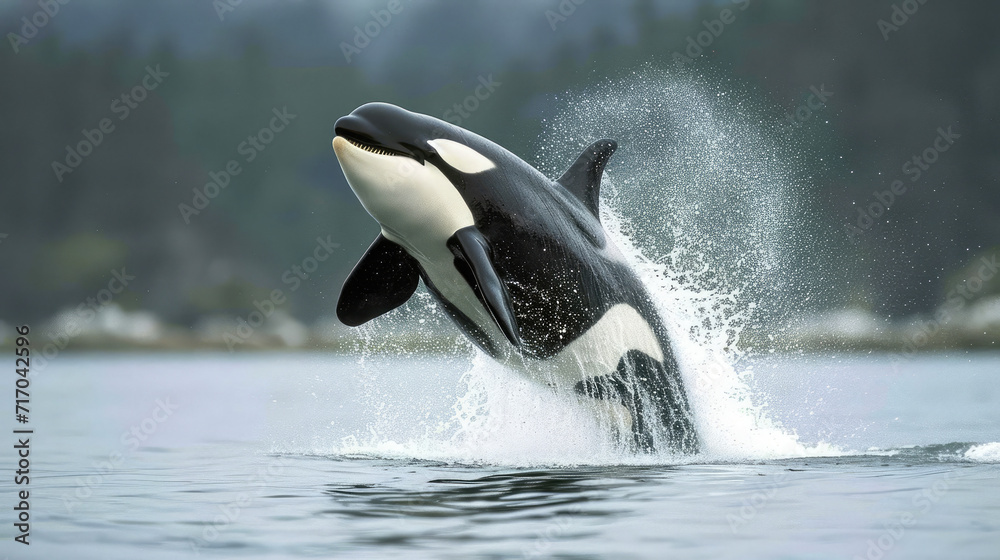 Fototapeta premium Dynamic Orca launching from calm ocean surface.