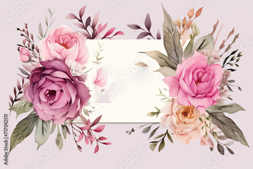 Ready to use Card. Watercolor invitation design with roses, leaves. flower and watercolor background. floral elements, botanic watercolor illustration © ranjan