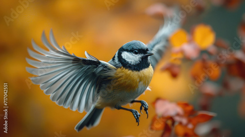 Great Tit Mid-Flight Amongst Fall Leaves