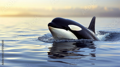 Orca Breaching at Dawn Description: An orca whale breaches the calm ocean waters at sunrise. © sahar