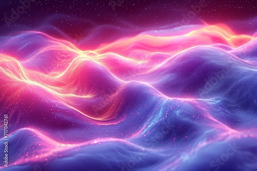 Vibrant, flowing neon wave in 3D with an iridescent shimmer. Colorful, holographic backdrop for depth. Realistic HD quality.