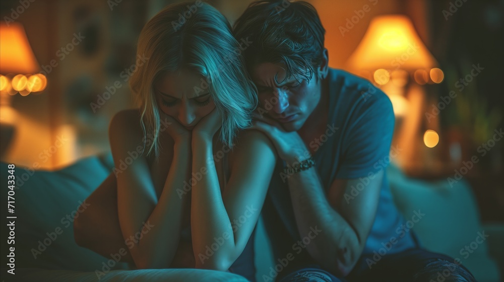 Obraz premium Young couple in distress sitting together in dim light