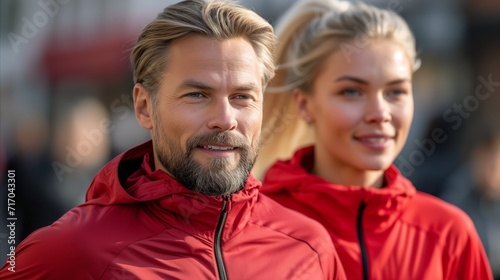 Active couple in red jackets enjoying a sunny day outdoors © OKAN