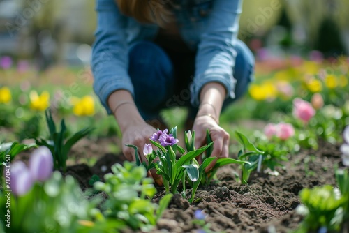 A woman planting spring flowers in a garden, symbolizing the beginning of spring and International Women's Day