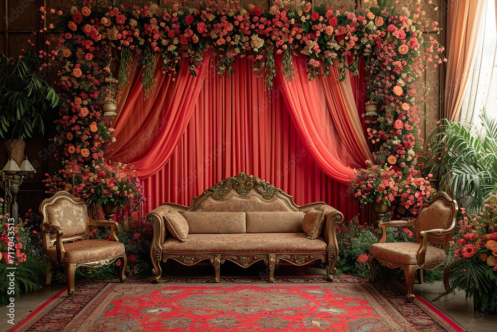 red with golden curtain wedding stage with flowers frames,